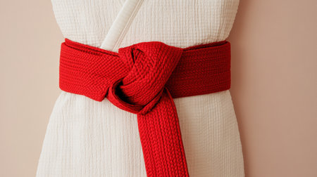 This image features a beautiful white fabric with a striking red sash tied in an intricate knot. The soft pastel background enhances the elegant and minimalistic appeal, perfect for fashion or design inspiration.の素材