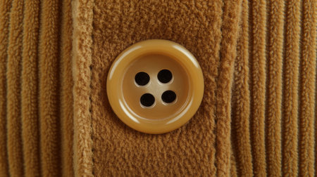 A detailed close-up image showcasing a brown corduroy fabric paired with a round button featuring four holes, ideal for textile and fashion-related uses.の素材