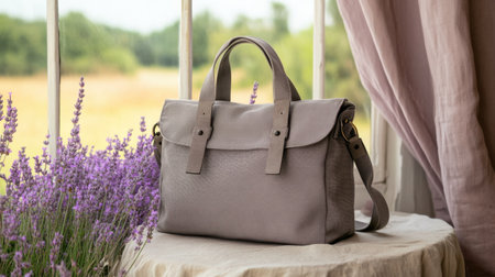 A beautiful gray handbag is elegantly placed beside vibrant purple lavender flowers, framed by a scenic countryside view through a window. The combination of nature and fashion creates a serene and stylish atmosphere.の素材