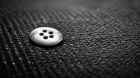 This image features a detailed close-up of a silver button resting on a textured fabric background. The monochrome style enhances the elegant simplicity and craftsmanship of the button, ideal for fashion and design projects.の素材