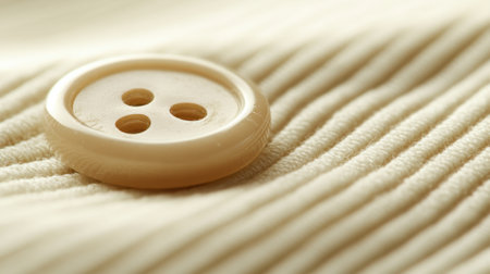 This close-up image features a beige button resting on textured fabric, highlighting its design and the fabric's quality. Ideal for fashion and textile themes.の素材