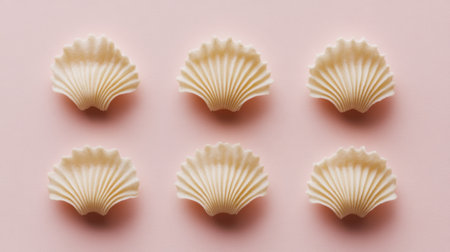 This image features six elegant white shells arranged symmetrically on a soft pink background, showcasing a serene and minimalist aesthetic perfect for various design projects.の素材