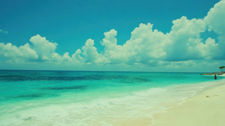 Discover the tranquility of a stunning tropical beach featuring sparkling turquoise water, soft waves, and fluffy clouds in a breathtaking blue sky.の素材