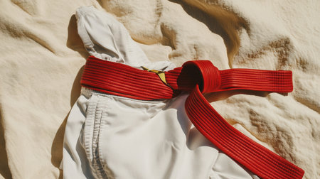 This image shows a red martial arts belt skillfully tied around a traditional gi uniform, embodying the essence of discipline and dedication in martial arts training.の素材