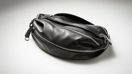 This stylish black leather bag features a smooth finish and detailed zippers, making it a perfect accessory for everyday use and versatile fashion needs.の素材