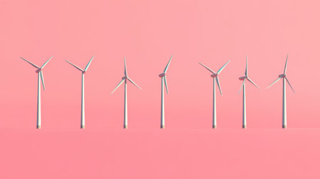A collection of seven wind turbines is visually striking against a soft pink backdrop, highlighting the themes of renewable energy, sustainability, and modern aesthetics.の素材