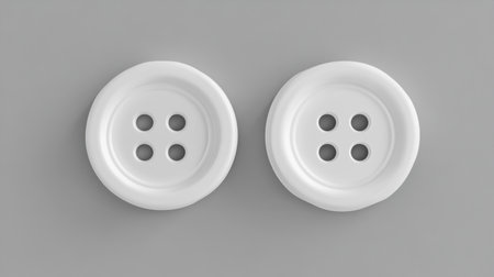 This image showcases two white buttons with four holes positioned on a smooth grey background, perfect for fashion and textile design projects.の素材