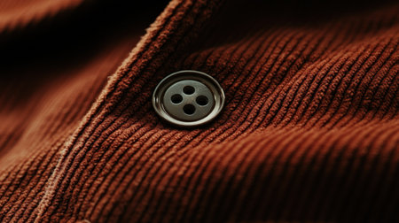 A detailed close-up image showcasing a silver button against a rusty brown fabric. This photograph highlights the texture and craftsmanship in clothing design, emphasizing quality and style for fashion or textile projects.の素材