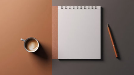 A cozy workspace setup featuring a blank notebook, a steaming coffee cup, and an elegant pen on a stylish, minimalist background. Ideal for creatives.の素材