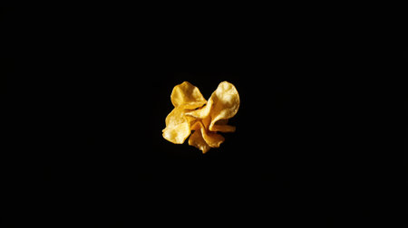 A beautifully styled golden potato chip presents a tempting snack option against a striking black backdrop, showcasing its crispy texture and allure.の素材