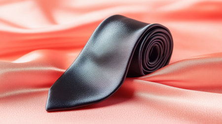 A classic black tie elegantly rolled on soft coral satin fabric, showcasing smooth texture and refined style ideal for formal wear and fashion photography.の素材