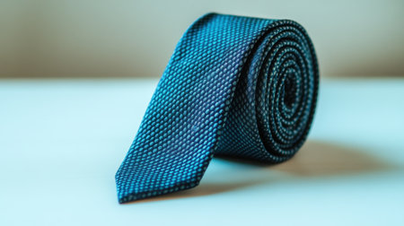 This image features an elegant blue and teal textured tie rolled neatly on a light surface, ideal for adding a stylish touch to formal events and professional attire.の素材