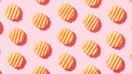 This eye-catching image features a playful arrangement of wavy potato chips against a vibrant pink background, ideal for snack-related themes and food visuals.の素材