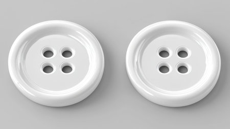 A pair of white buttons with four holes displayed on a smooth gray background, ideal for sewing, crafting, or decorative design applications.の素材