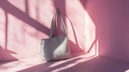 Minimalist gray bag placed against a soft pink wall, creating a stunning interplay of light and shadows. Perfect for fashion, design inspiration.の素材