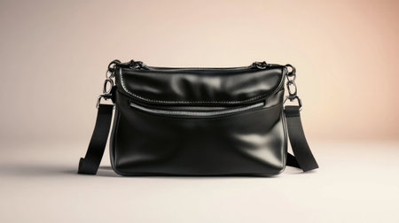 This black leather handbag features a sleek design with zipper details and an adjustable strap, making it the perfect accessory for any outfit.の素材