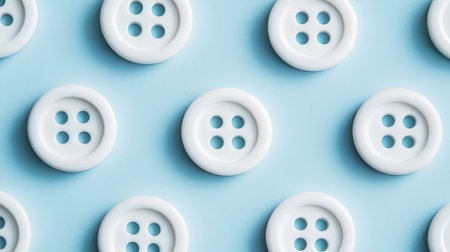 A collection of white sewing buttons positioned neatly on a light blue background, ideal for crafting, sewing projects, and design inspirations.の素材
