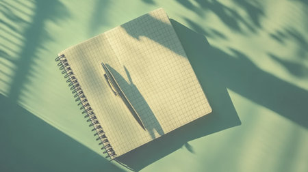 A minimalistic gray notebook lies on a light surface, accompanied by a pen casting a shadow, illuminated by soft natural light, perfect for creative thoughts.の素材