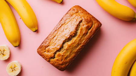 A freshly baked loaf of banana bread surrounded by vibrant ripe bananas against a soft pink backdrop. Perfect for food lovers and baking enthusiasts.の素材
