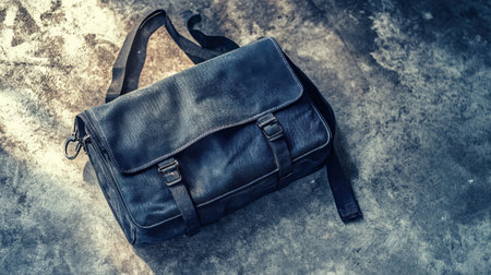 A stylish leather messenger bag rests on a rustic surface, showcasing its sleek design and rugged appeal, perfect for travel or daily use.の素材