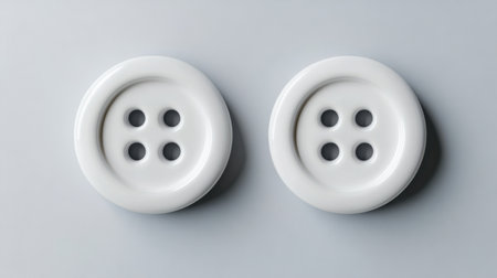 This image features two white round buttons with four holes each, set against a simple gray background, ideal for textiles and sewing crafts.の素材
