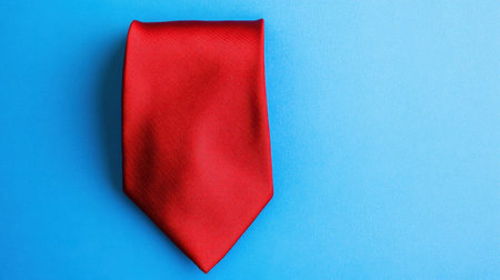 A vibrant red tie laid flat on a bright blue background, perfect for showcasing formal attire, accessories, or fashion concepts. Ideal for various themes.の素材