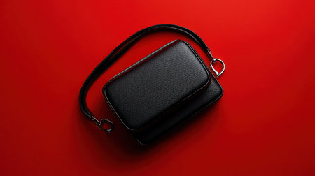 A sleek black bag positioned against a vibrant red backdrop, emphasizing modern design aesthetics and stylish elegance for fashion photography.の素材