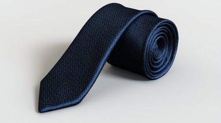 This elegant dark blue tie is beautifully rolled, set against a soft neutral background, perfect for showcasing style and sophistication in fashion photography.の素材