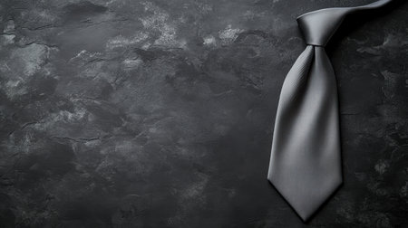 A sophisticated black tie lies elegantly on a dark textured background, perfect for conveying style and professionalism in business or formal settings.の素材