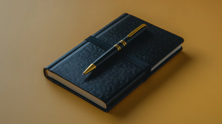 A stylish black notebook paired with a luxurious gold pen on a soft yellow surface, ideal for creative professionals and students seeking inspiration.の素材