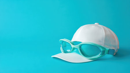 A vibrant image showcasing stylish aqua goggles paired with a white cap, ideal for anyone enjoying sunny days at the water. Perfect for both leisure and sport.の素材