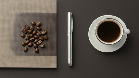 A captivating still life arrangement featuring roasted coffee beans, a steaming cup of coffee, and a sleek silver pen set against a textured brown background.の素材