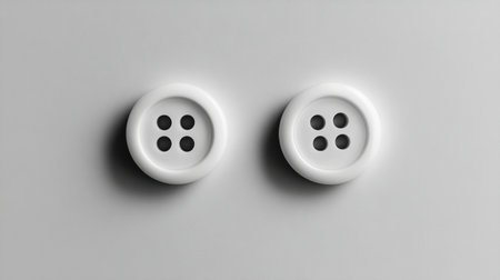 Close-up view of two white buttons featuring four holes, set against a smooth gray background. Ideal for fashion, textile, and design projects.の素材