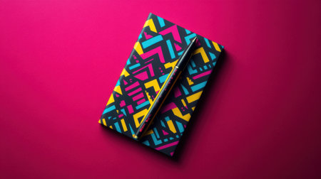 This image showcases a colorful notebook with striking geometric patterns and a vibrant pen, set against a bright pink background, perfect for creative purposes.の素材