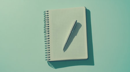A spiral bound notebook rests open with a silver pen atop it, set against a light blue background, ideal for creative writing and note-taking activities.の素材