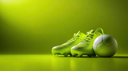 This captivating image showcases bright neon green soccer cleats and a ball, set against a vibrant green background, perfect for sports themes.の素材