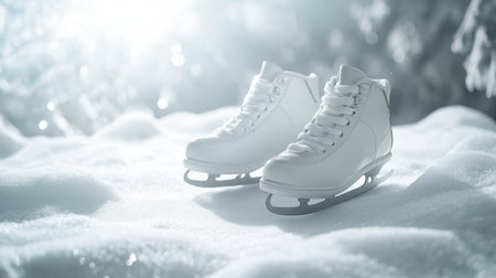A pair of elegant white ice skates rests on a soft snowy surface, illuminated by gentle light, capturing the essence of winter sports and outdoor adventure.の素材