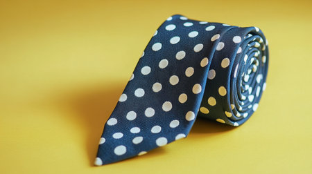 This elegant navy blue tie features white polka dots and is tastefully rolled against a vibrant yellow background, perfect for showcasing fashion and style.の素材