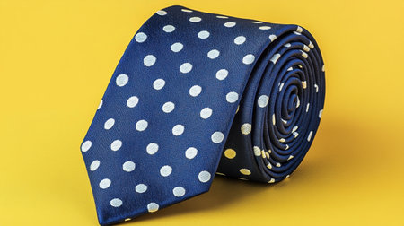 An elegant blue tie adorned with white polka dots elegantly displayed against a vibrant yellow background, perfect for showcasing fashion accessories.の素材
