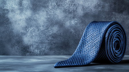 A beautifully rolled blue tie set against a dark textured surface, highlighting elegance and sophistication with soft dramatic lighting for a refined look.の素材