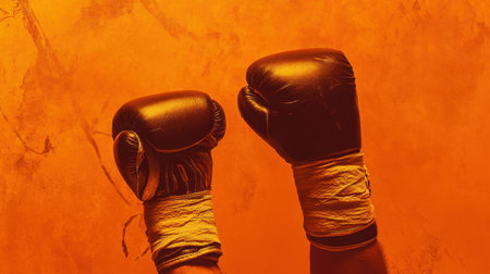 Powerful boxing gloves raised high against a vivid orange backdrop, embodying the spirit of competition, motivation, and the energy of athletic achievement.の素材