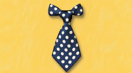 A vibrant navy blue bow tie adorned with playful white polka dots, set against a bright yellow backdrop, adding a stylish touch to any formal outfit.の素材