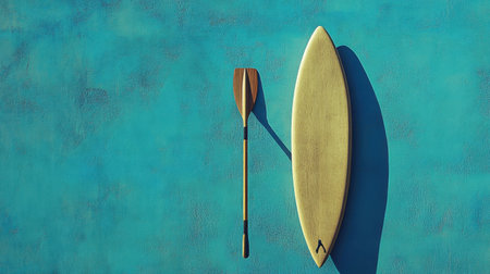 A stunning composition featuring a wooden paddle and surfboard against a vibrant blue background. The interplay of shadows emphasizes textures, creating an engaging visual. Perfect for beach-themed projects or outdoor adventures.の素材