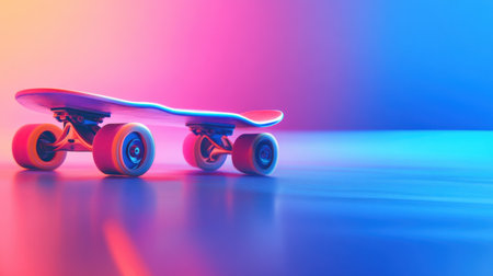 This artistic composition showcases a skateboard featuring vibrant neon colors, set against a sleek glossy surface that emphasizes movement and energy.の素材