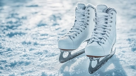 Close-up of white ice skates resting on a snowy ice rink, surrounded by frosty elements, reflecting the essence of winter sports and outdoor fun.の素材