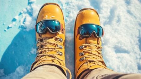 A vibrant image showcasing yellow snow boots with sunglasses resting on a snowy surface, ideal for conveying fun and adventure in winter activities.の素材
