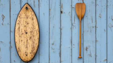 A beautifully arranged vintage wooden paddle and a uniquely shaped object against a rustic blue wooden backdrop. This composition emphasizes craftsmanship and natural beauty, perfect for nautical or rustic-themed decor.の素材