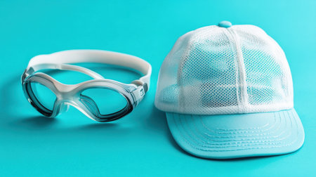 Stylish swimming goggles and a light blue hat are perfectly arranged on a vibrant blue background, ideal for summer activities and water sports enthusiasts.の素材