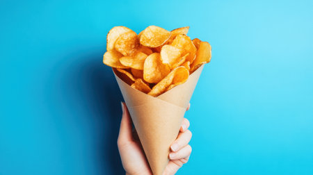 A hand presents a paper cone overflowing with crispy, golden potato chips, set against a vivid blue background, evoking a sense of casual indulgence.の素材