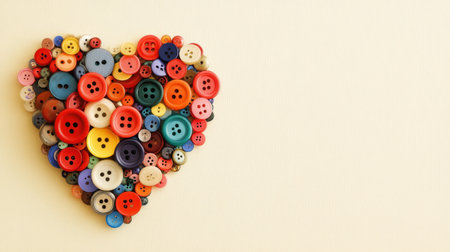 A vibrant and colorful heart shape made from assorted buttons rests against a light background, perfect for showcasing creativity in crafts or art projects.の素材